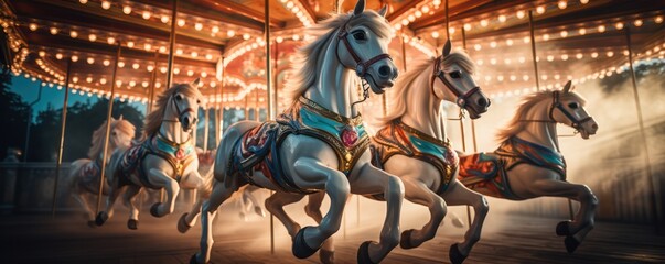 Carousel horses in motion at the amusement park. Merry-go-round