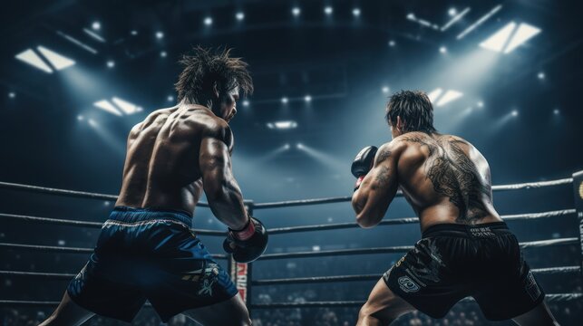Two professional muay thai fighters sparring in the ring.