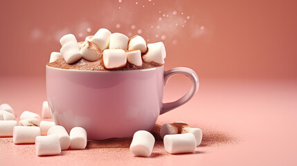 A steaming mug of hot cocoa with marshmallows.