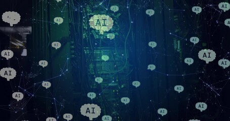 Animation of ai brains over networks, data and technician working with computer in server room - Powered by Adobe