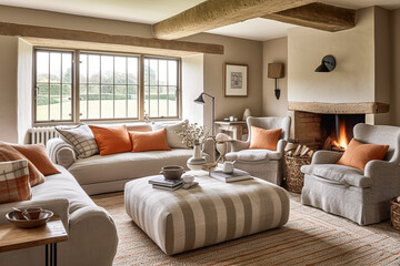 Modern cottage sitting room decor, interior design, living room furniture in neutral colours and fireplace, home decor in elegant English country house style, generative ai