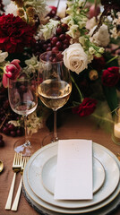 Fototapeta premium Elegant tablescape, formal dinner table setting with red roses and wine, elegant table decor for wedding, dinner party and holiday event decoration, home styling