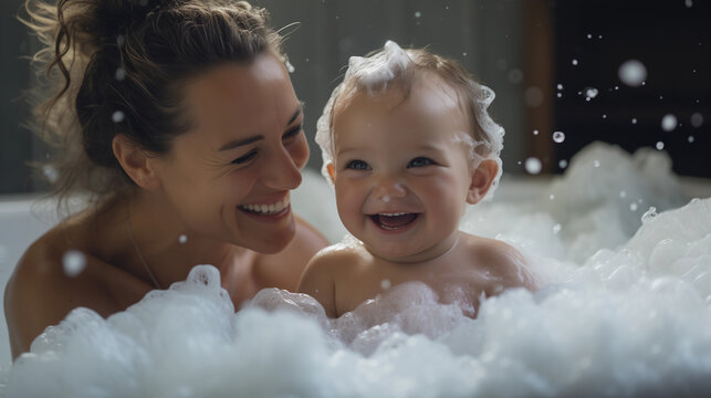 Young toddler and his mom happily smiling enjoying their first bath together with bubbles childhood and motherhood joy