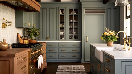 Muted grey modern cottage kitchen decor, interior design and country house, in frame kitchen cabinetry, sink, stove and countertop, English countryside style