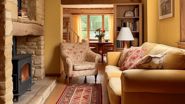 Yellow cottage sitting room, living room interior design and country house home decor, sofa and lounge furniture, English countryside style