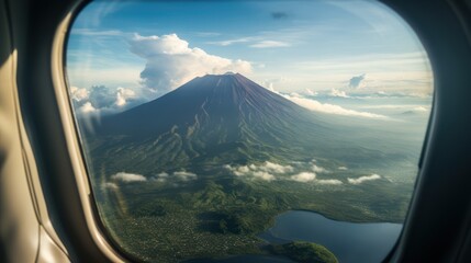 The aerial perspective of a volcano through the airplane window is stunning. - obrazy, fototapety, plakaty