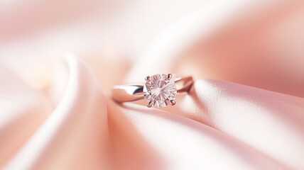 Obraz premium Jewellery, proposal and holiday gift, diamond engagement ring on pink silk fabric, symbol of love, romance and commitment