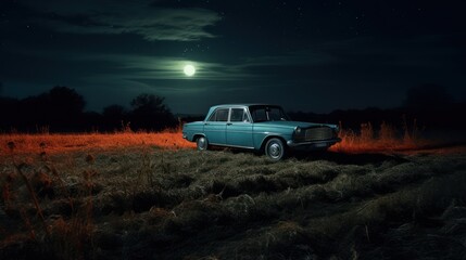 Fototapeta na wymiar Car in the field at night with moonlight.