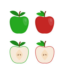 Green and red apple whole and half vector flat illustration