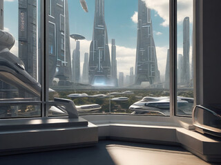 Ciudad futurista vista desde la ventana de un departamento, apartamento futurista con vista a la ciudad del futuro