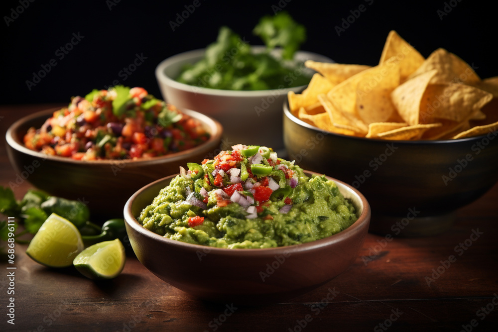 Wall mural Delicious Guacamole and Salsa Duo with Crispy Tortilla Chips - Wall murals
