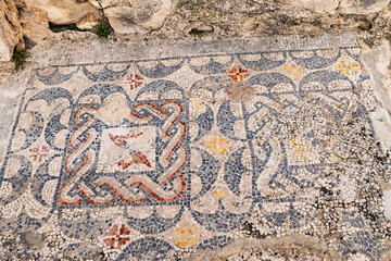 Mosaic floor at the Roman ruins in Dougga, Tunisia.