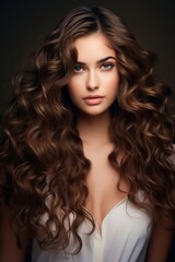 Fototapeta premium Generative AI : Brunette girl with long and shiny wavy hair . Beautiful model with curly hairstyle .