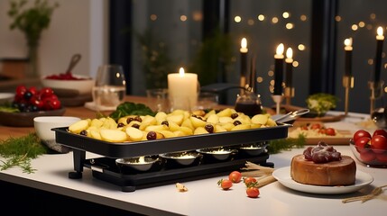 Generative AI : food photo of a raclette, set amidst a modern living room