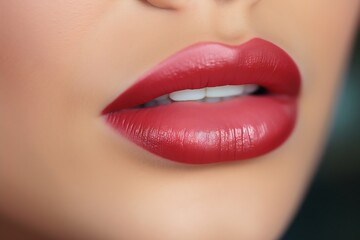 Fototapeta premium Generative AI : permanent lip makeup completes the lip makeup procedure with a close-up