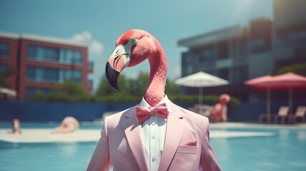 A flamingo in a pink elegant suit with bow at the pool. Abstract animal concept. The bird stands and poses like a man. Summer composition.