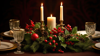 Candlelit centerpiece with red and green candles for a festive dinner setting.