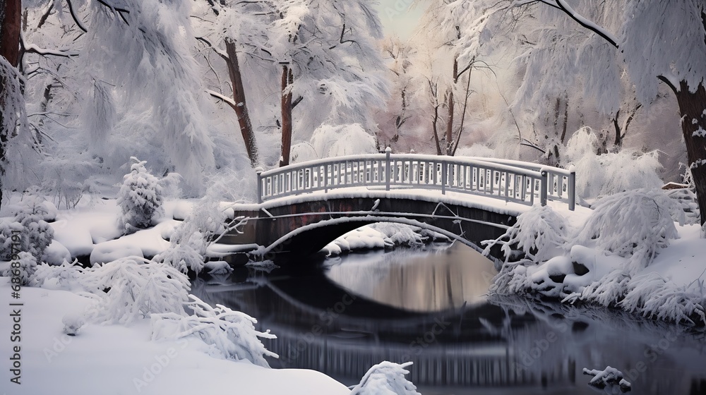 Poster generative ai : a footbridge over a frozen stream among snow-covered fir trees in the park