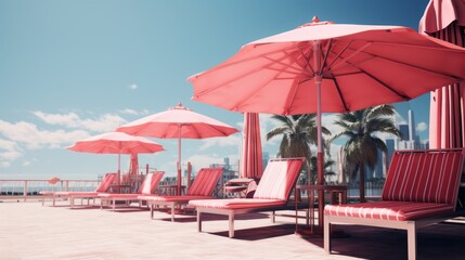 Obraz premium Beach chairs and umbrellas on the terrace of a luxury hotel