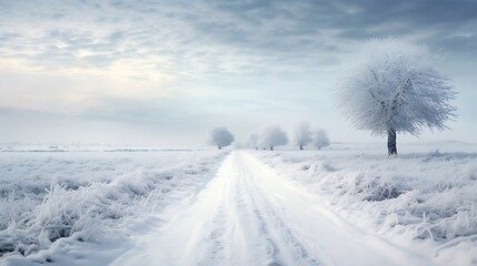 Fototapeta premium Generative AI : Snow-covered country road through the fields