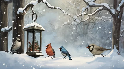 Gordijnen Generative AI : Group of birds gathering around a bird feeder in the snow. © The Little Hut