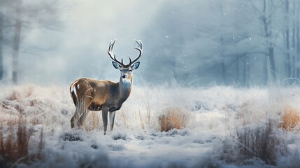 Generative AI : Deer covered in a light dusting of snow in a boreal forest in mid winter