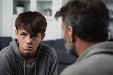 Close up caucasian man in front and upset guy behind sit at sofa to talk at home, offended teen son and middle aged father argument, adolescence problems, two generation conflict concept - obrazy, fototapety, plakaty