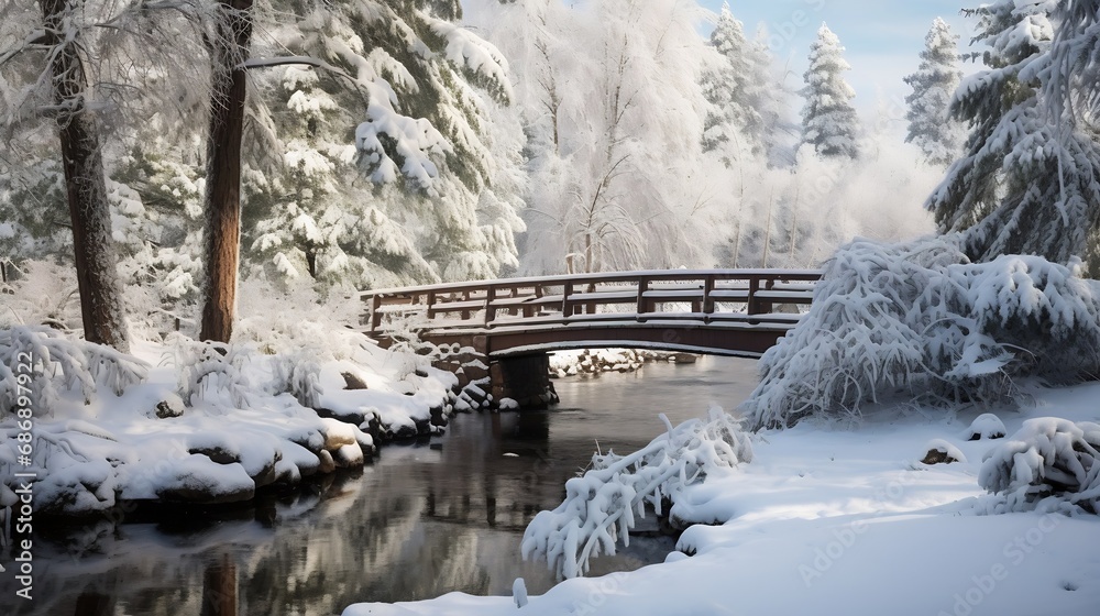 Poster generative ai : a footbridge over a frozen stream among snow-covered fir trees in the park