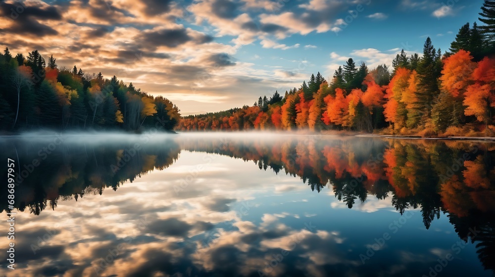 Poster Generative AI : Tranquil lake reflecting the changing colors of fall.