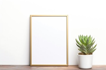 Home interior poster mock up with square gold metal frame and succulents on white wall background.