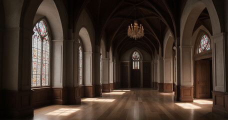 Fototapeta na wymiar Neo-Gothic interior. Spacious, bright corridors