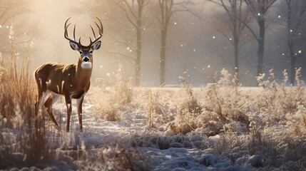 Generative AI : Deer covered in a light dusting of snow in a boreal forest in mid winter