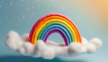 Wool felt miniature sculpture, a smiling rainbow floating in the air, bright picture.