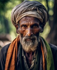 Generative AI : ivomich Portrait of Indian village man at a gathering in the forests