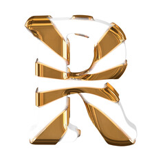 White symbol with thick gold straps. letter r