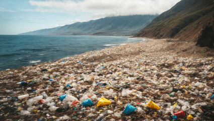 mountains of plastic garbage on the ocean, water pollution.