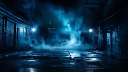A dark empty street, dark blue background, an empty dark scene, neon light, spotlights The asphalt floor and studio room with smoke float up the interior texture. AI generated.