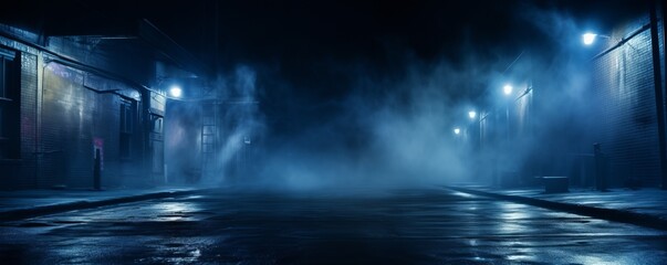 A dark empty street, dark blue background, an empty dark scene, neon light, spotlights The asphalt floor and studio room with smoke float up the interior texture. AI generated.