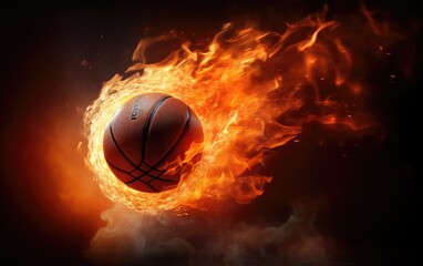 Fototapeta premium Fiery basketball ball flying into the basket, black background