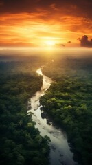 Obraz premium Top view of beautiful green amazon forest landscape at sunset sunrise. Air dron view vibe. AI generated.