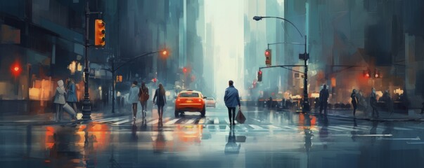 Blurry city street scene. People crossing the street while the traffic lights and cars. AI generated.