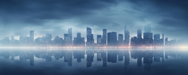 Cityscape in the fog. City background with urban skyline. AI generated.