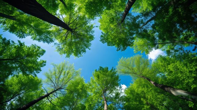 Clear blue sky and green trees seen from below. Ai generated.