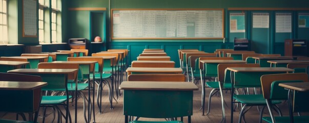 Empty Classroom. Back to school concept in high school. Wooden Lecture Wooden Chairs and Desks. Studying lessons. AI generated. - obrazy, fototapety, plakaty