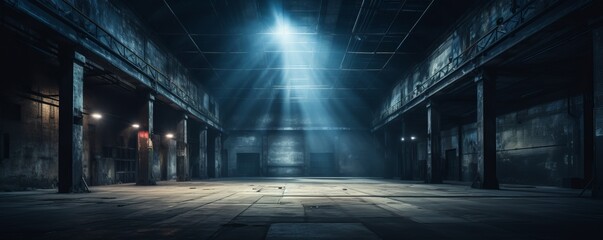 Evoking an Ambiance of Empty Warehouse with Dramatic Lighting. - obrazy, fototapety, plakaty