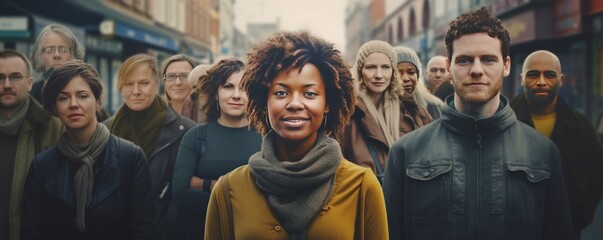 Group of people standing in the street with focus on woman looking at camera. AI generated. - obrazy, fototapety, plakaty