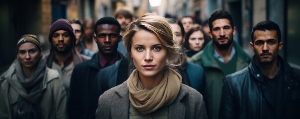 Group of people standing in the street with focus on woman looking at camera. AI generated. - obrazy, fototapety, plakaty