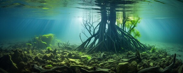 Mangrove tree and roots under water surface green foliage. AI generated.