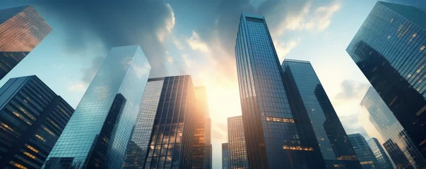 Foto op Plexiglas Bottom up view of big modern city urban landscape. Reflective skyscraper business office buildings. AI generated. © vadymstock