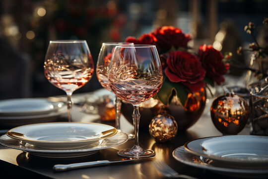 Elegant date table with white plates, wine glasses, green pot with red roses, and mood lights on a silver color surface and a blurred cafe in the background. Copy space.